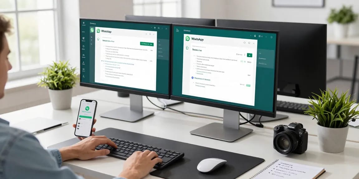 Person using WhatsApp網頁版 on a modern desktop setup with dual monitors and a vibrant workspace.