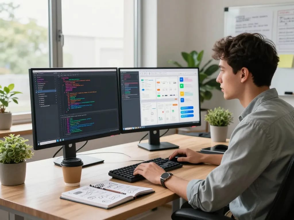 Developer using clawdbot ai in a modern workspace, showcasing dual monitors and collaborative tools.