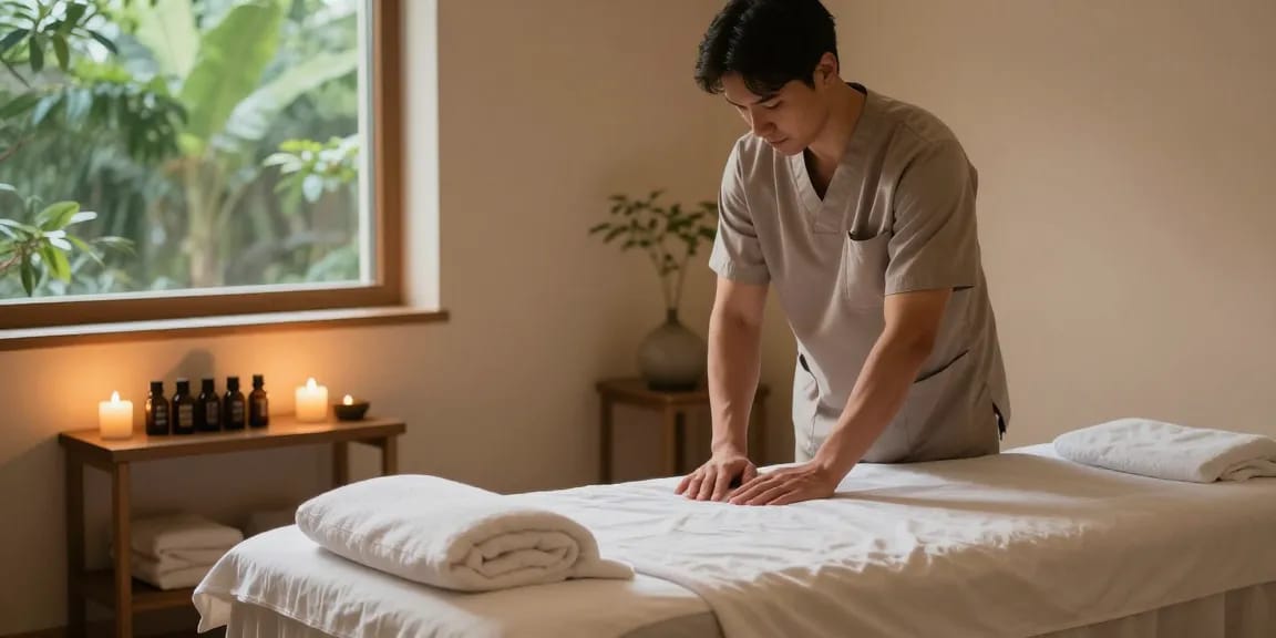 부산마사지 세션을 준비하는 남성 마사지사와 아늑한 마사지룸의 모습