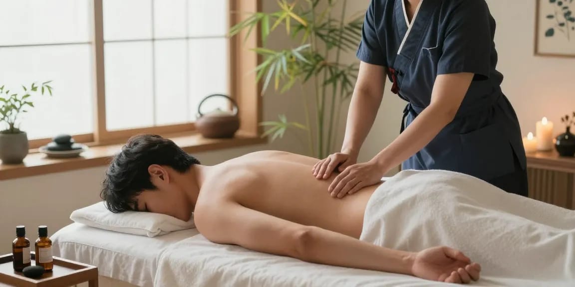 제주마사지 중인 남성 고객과 아로마 오일이 놓인 마사지 테이블의 편안한 모습