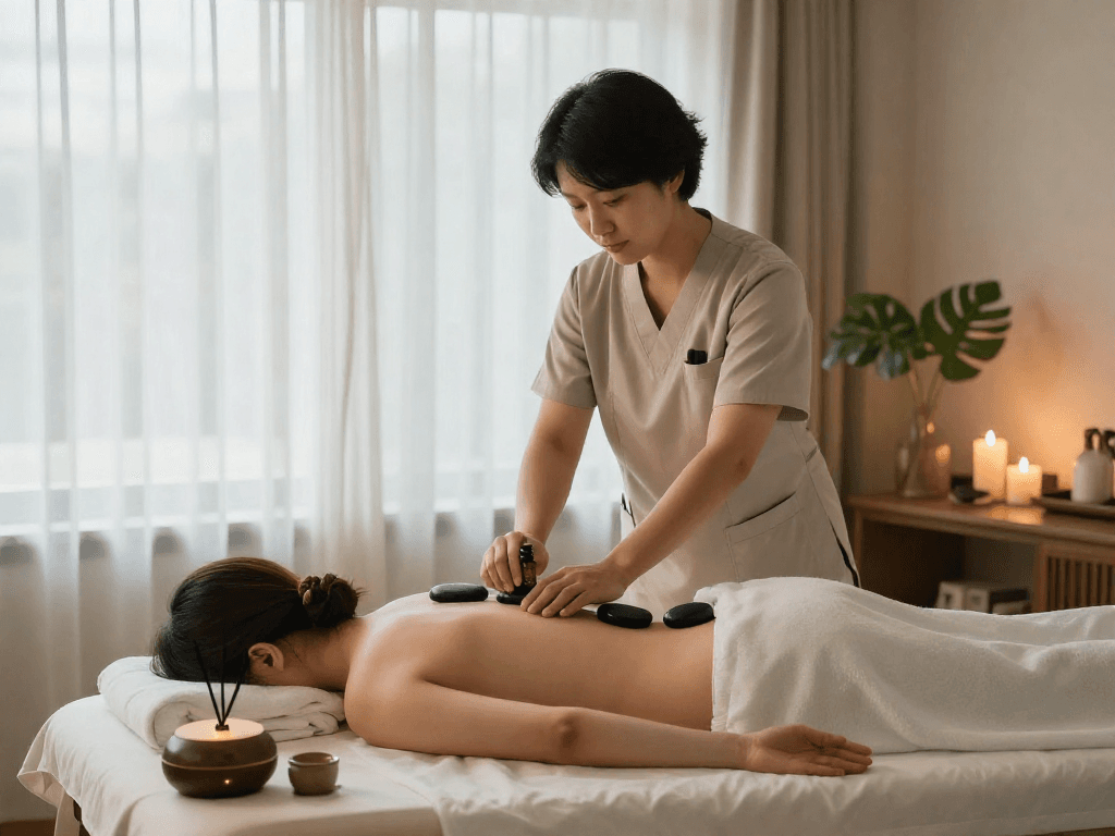 편안한 제주출장마사지 세션을 받는 고객과 전문 마사지 치료사, 아늑한 거실에서 자연광과 함께 편안한 분위기 조성