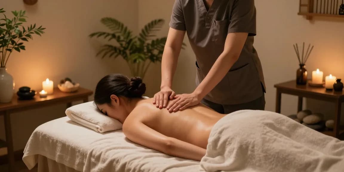 출장마사지 session in a tranquil wellness room with calming light and plants.