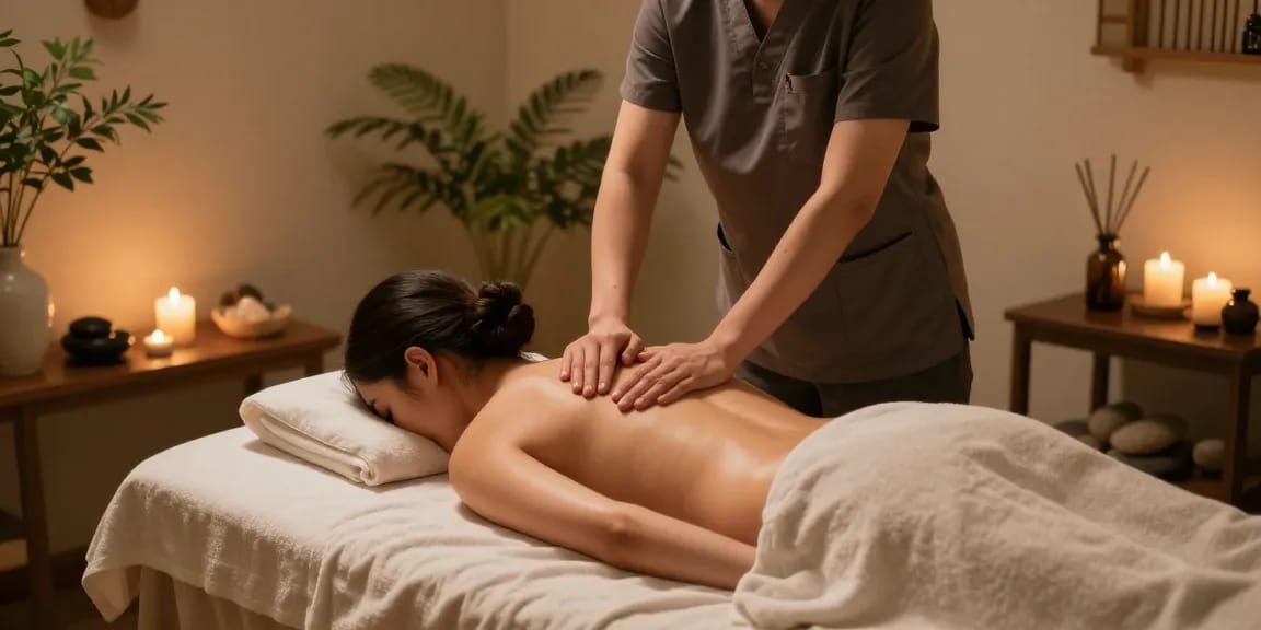 출장마사지 session in a tranquil wellness room with calming light and plants.