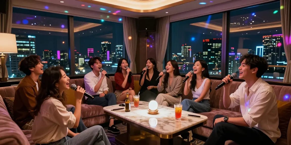 강남가라오케에서 친구들과 노래 부르며 즐기는 화려한 분위기의 모습