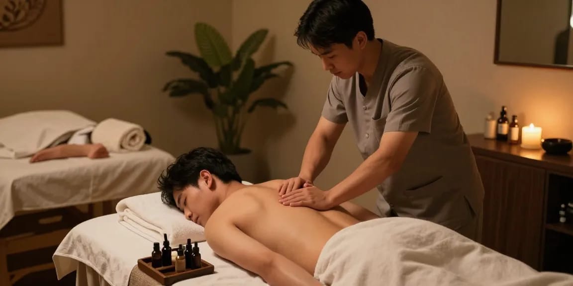 전주마사지에서 남성 전용 편안한 마사지 장면, 아로마 오일과 부드러운 수건이 있는 마사지 스튜디오.
