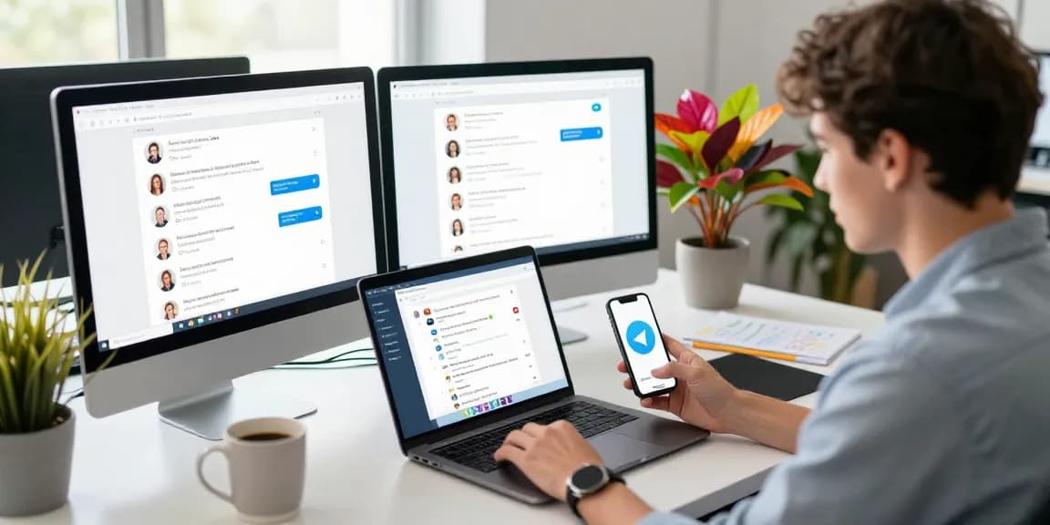 Young professional engaging with the Telegram web version on a modern workspace.