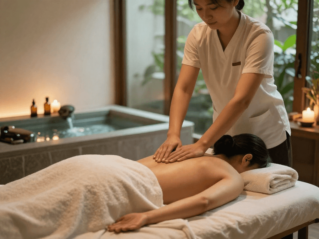 Enjoying a rejuvenating 남양주출장마사지 in a tranquil spa setting with soothing ambiance.