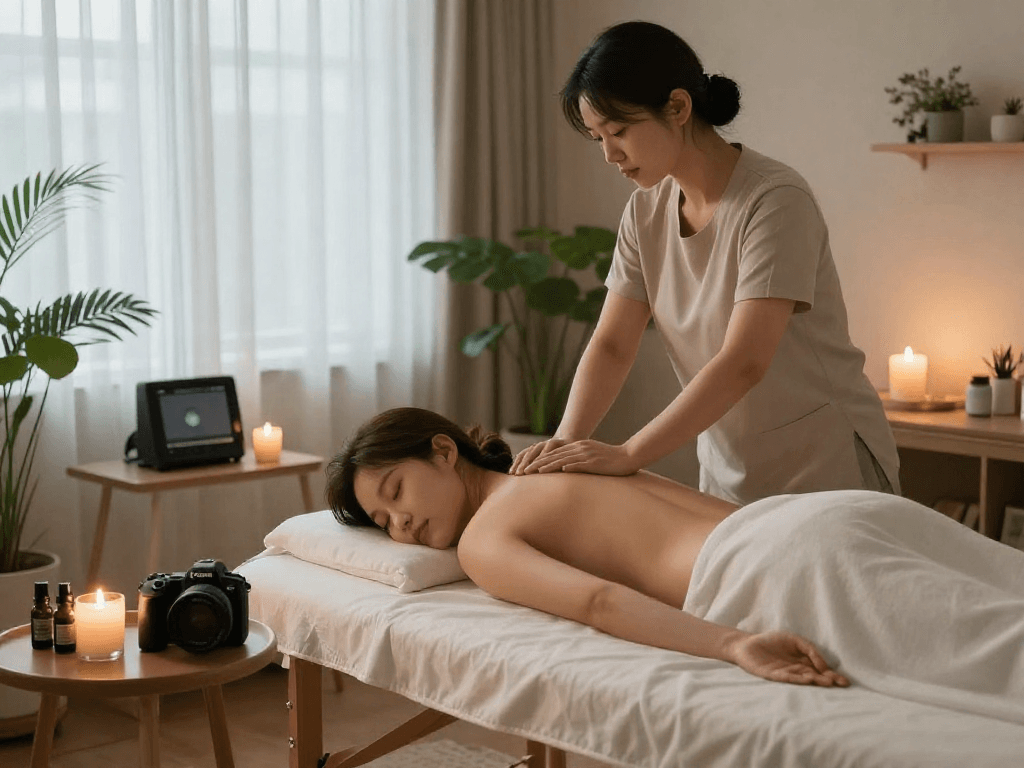 Enjoying 강서구출장안마 service in a tranquil home setting with soft lighting and soothing atmosphere.