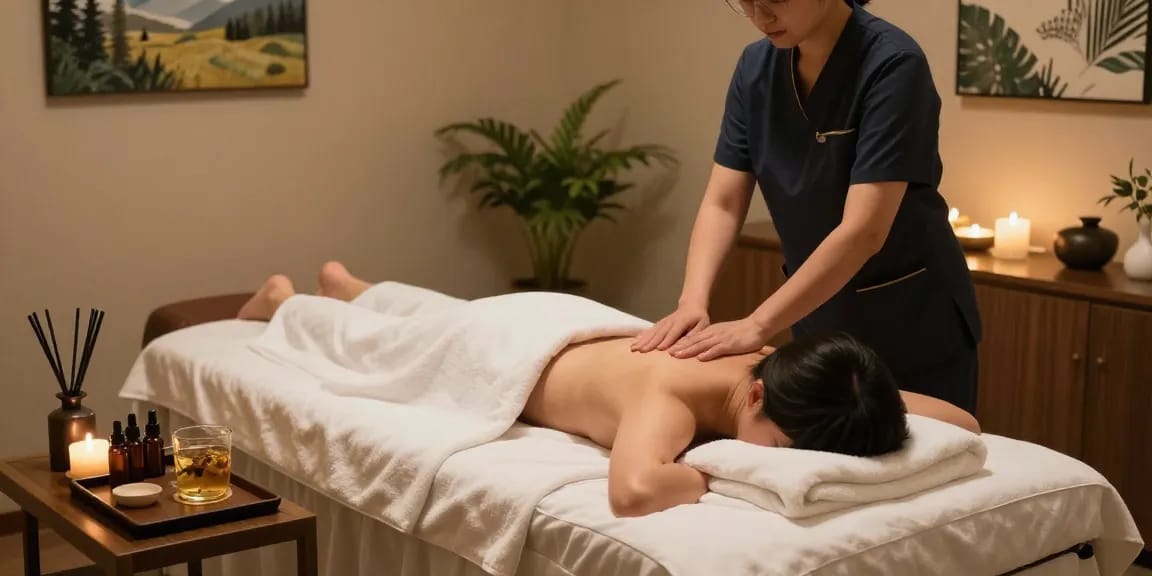 대구마사지 치료를 받는 고객과 편안한 스파 치료실 내부