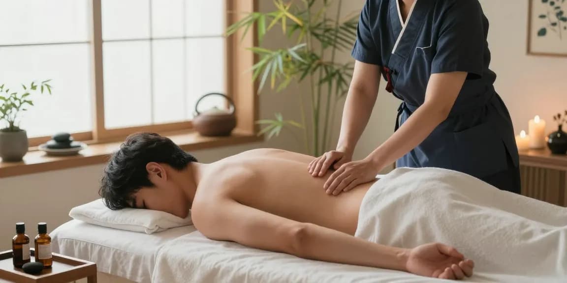 제주마사지 중인 남성 고객과 아로마 오일이 놓인 마사지 테이블의 편안한 모습