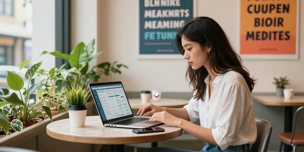 カフェでSNSマーケティングに取り組む女性、いいねを買う戦略を検討中。