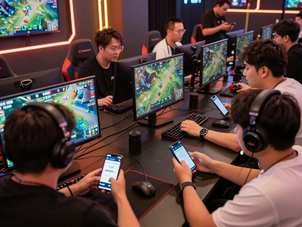 Engaged enthusiasts using tr88 đăng nhập for online esports betting in lively gaming lounge
