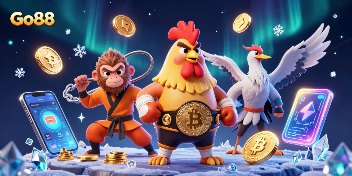 Engage in exciting games with Go88, featuring a vibrant casino scene with cartoon characters and crypto elements.