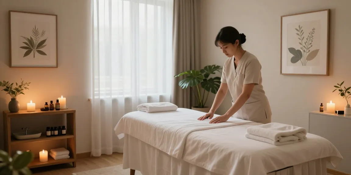 수원출장안마에 적합한 치유의 마사지 스튜디오에서 편안한 분위기를 연출하며 치료사가 준비하는 모습
