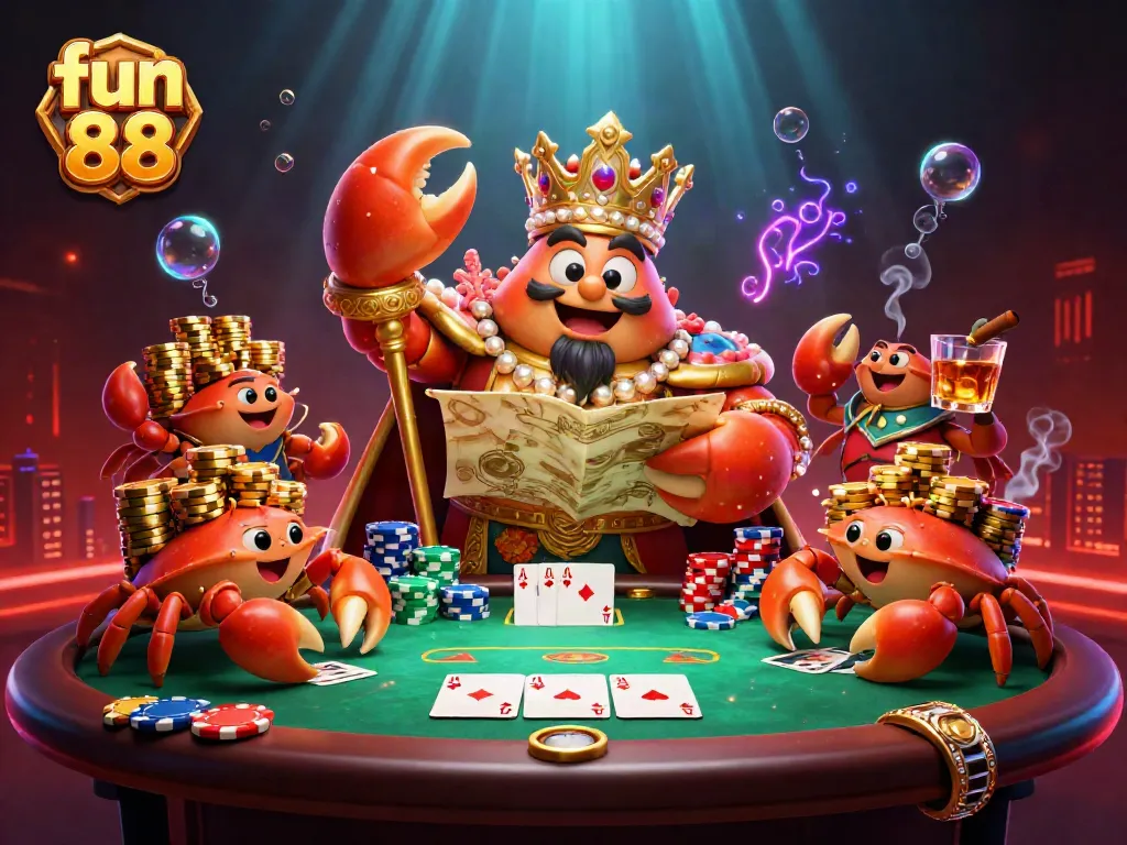Play exciting games with fun 88 in this vibrant underwater casino scene featuring a golden crab emperor.