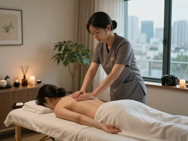 강남출장안마 service in a serene urban wellness space, showcasing a skilled therapist performing a relaxing massage with soothing elements.