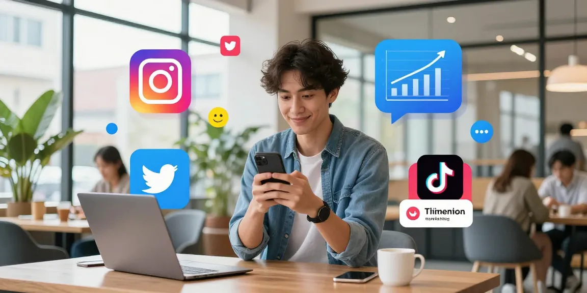 フォロワーを購入するための戦略的なSNSマーケティング活動を行っている若いプロフェッショナルの画像