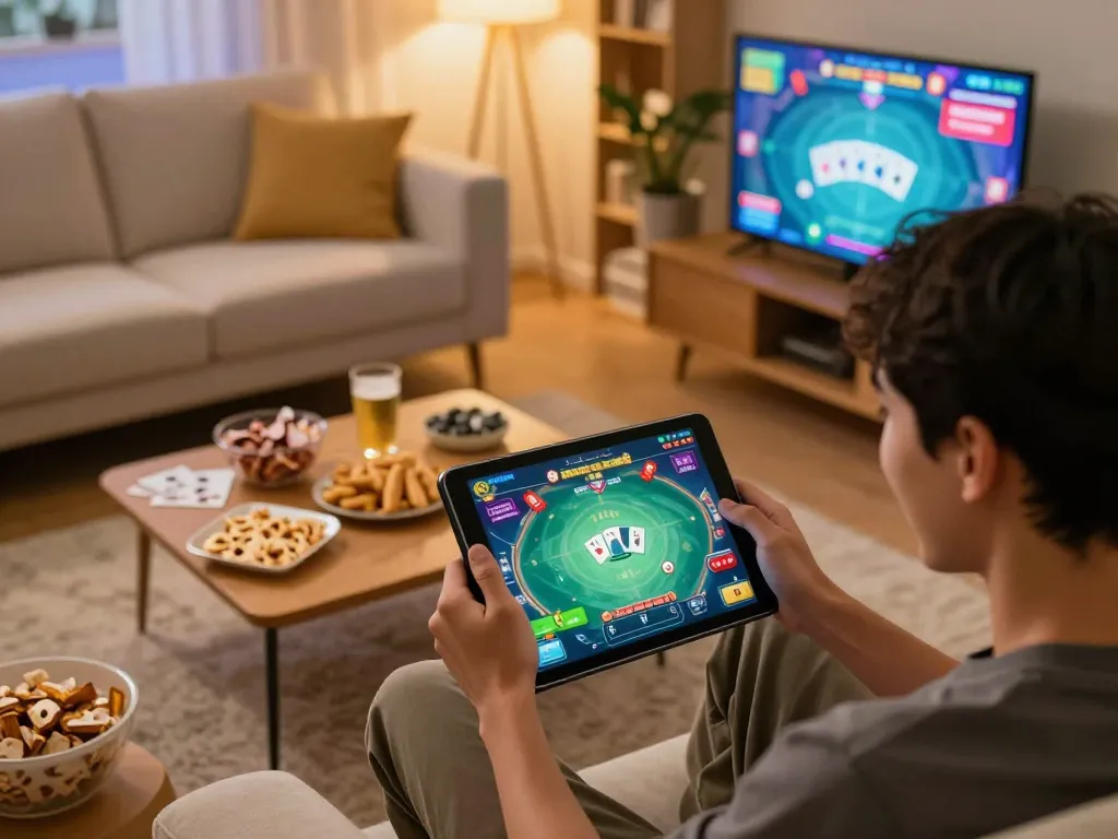 Player enjoying gamebaidoithuong on a tablet in a cozy living room, highlighting the excitement of online gaming