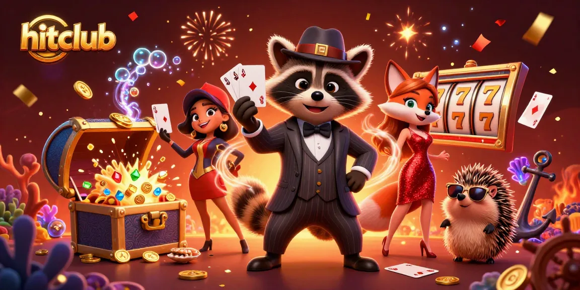 Spin to win at hitclub with raccoon and fox in a vibrant casino-themed scene filled with excitement.