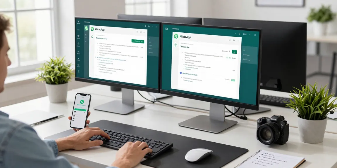 Person using WhatsApp網頁版 on a modern desktop setup with dual monitors and a vibrant workspace.