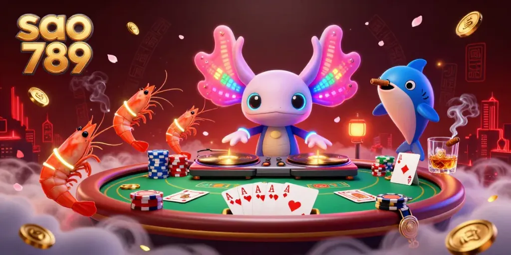 Sao 789 showcases a vibrant underwater scene with a neon axolotl DJ and poker elements, creating a captivating gaming atmosphere.
