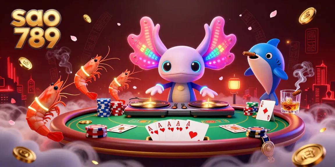 Sao 789 showcases a vibrant underwater scene with a neon axolotl DJ and poker elements, creating a captivating gaming atmosphere.