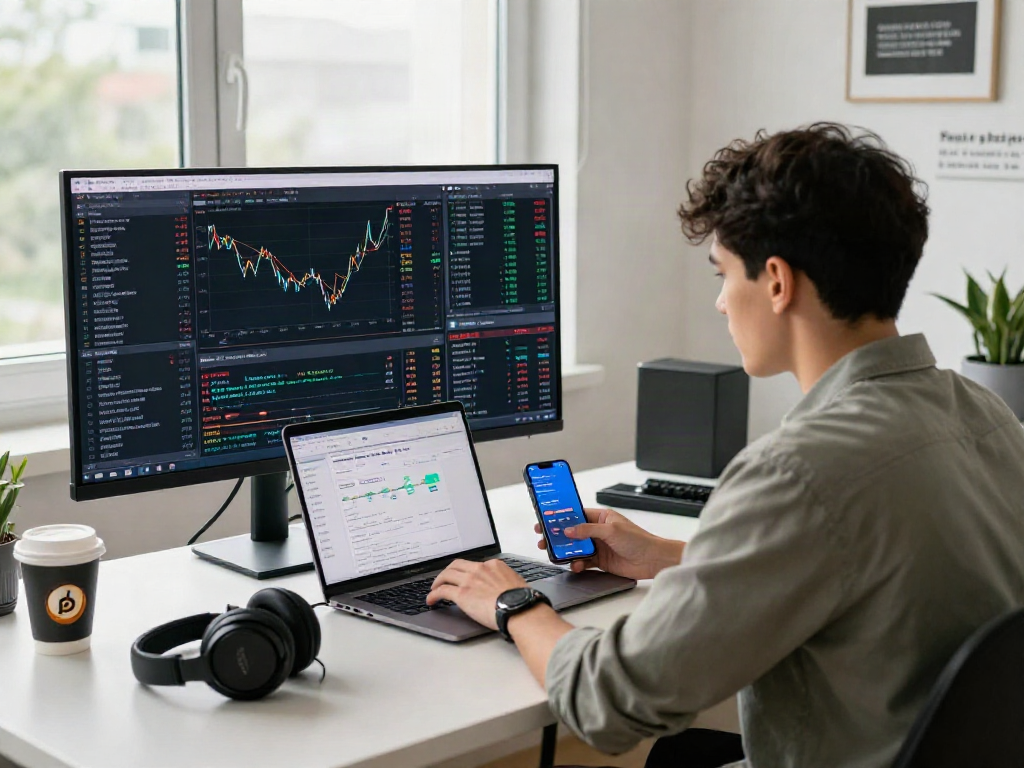 BTC 가격을 분석하는 현대적인 재무 전문가의 작업 공간