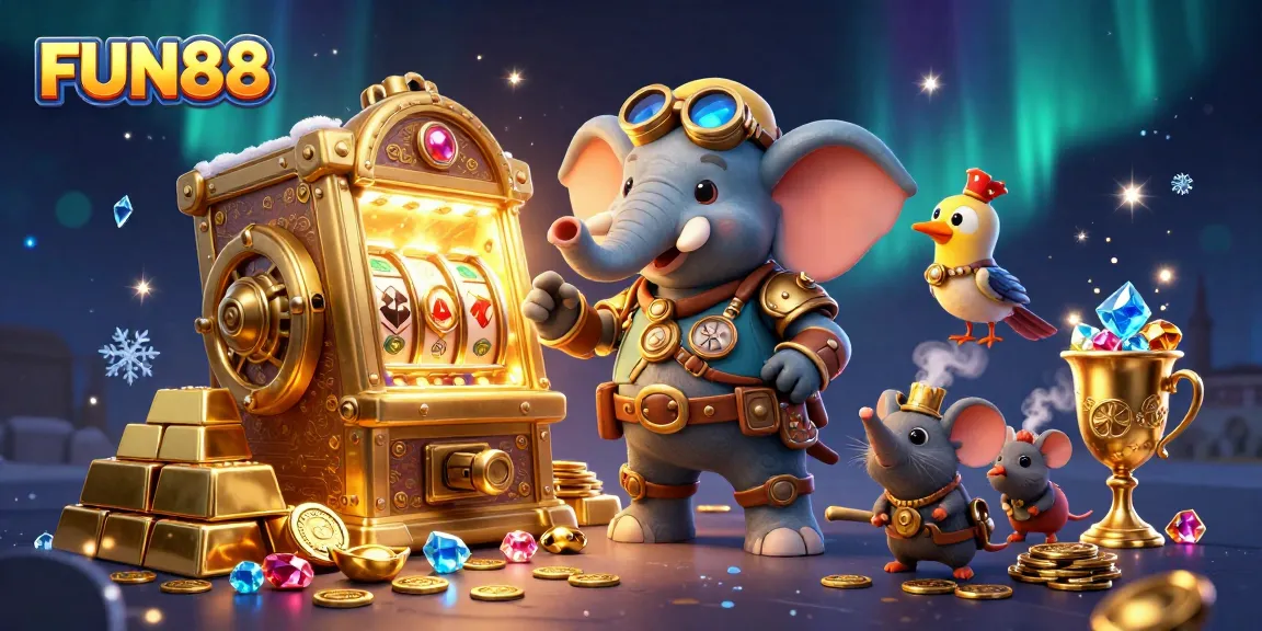 Experience thrilling wins at FUN88 with a cartoon steampunk elephant and dazzling slot machine.