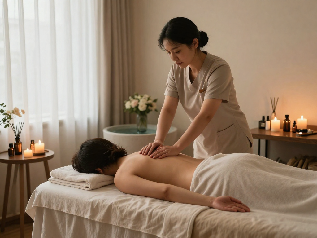 Experience 안양출장마사지 in a serene therapy room with calming ambiance and a professional therapist.