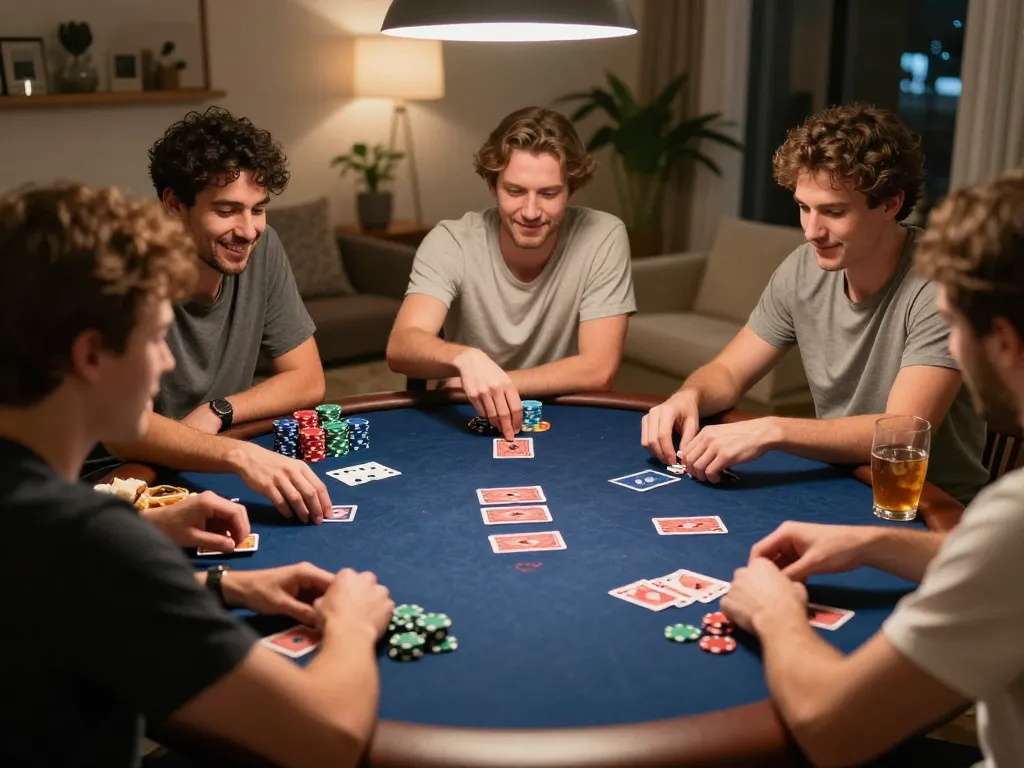 Engaging home poker night with friends using 78WIN COM for strategic gameplay, lively atmosphere and colorful setup.