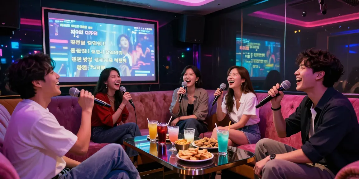 강남가라오케에서 친구들과 함께 노래를 부르고 있는 모습, 화려한 조명과 음료가 가득한 테이블이 특징입니다.
