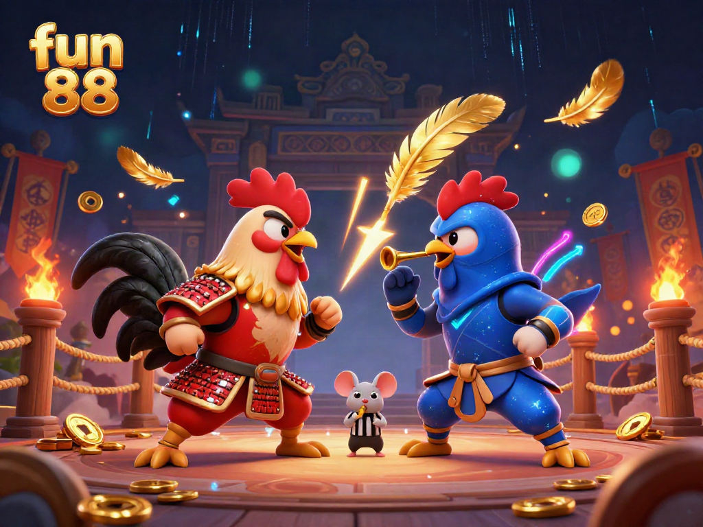 Experience thrilling gameplay with fun 88 in this lively cartoon scene featuring roosters in battle.