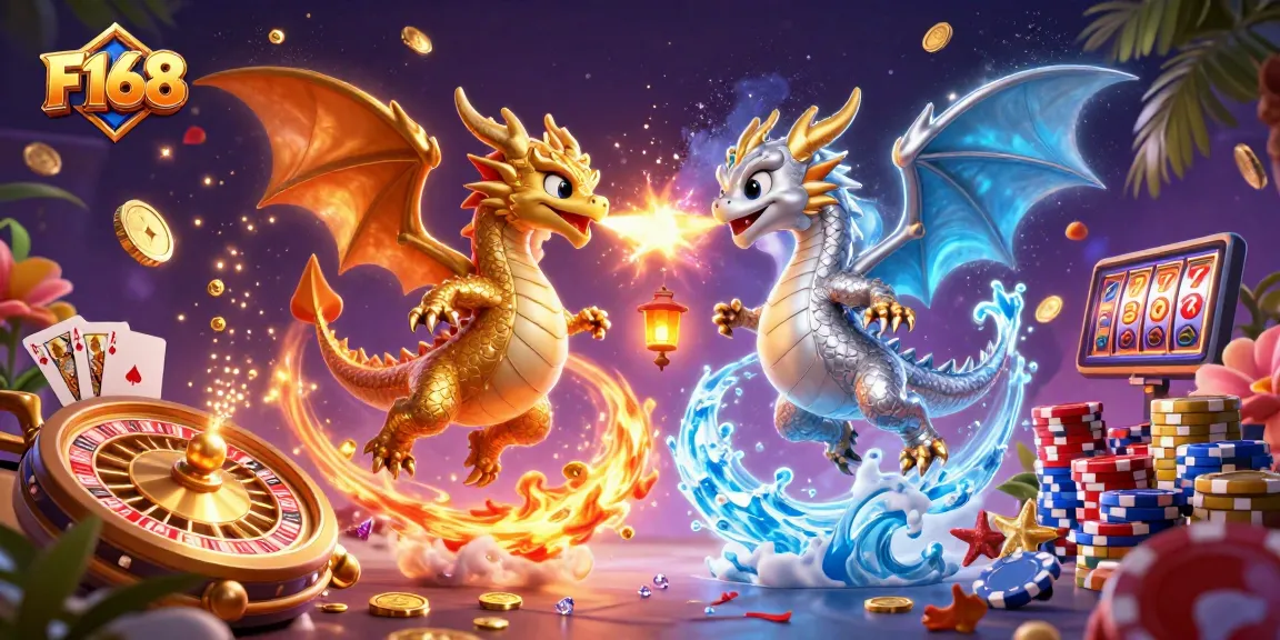 F168 gaming scene featuring golden and silver dragons, showcasing vibrant casino elements and energy.