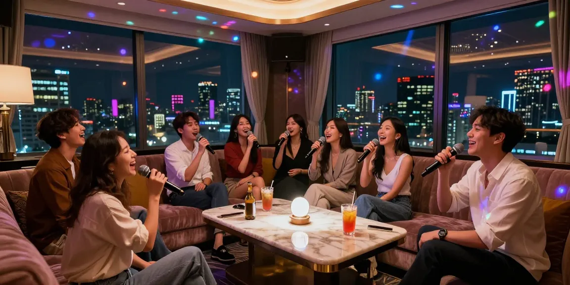 강남가라오케에서 친구들과 노래 부르며 즐기는 화려한 분위기의 모습