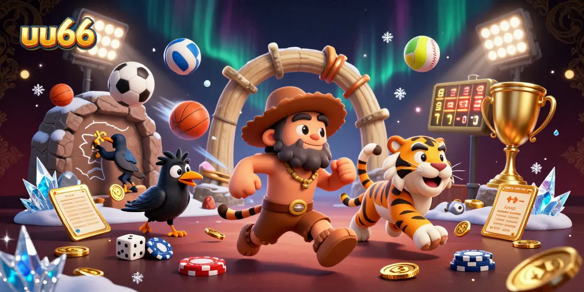 Join the excitement at uu666 with a vibrant prehistoric casino scene featuring action-packed gaming elements.