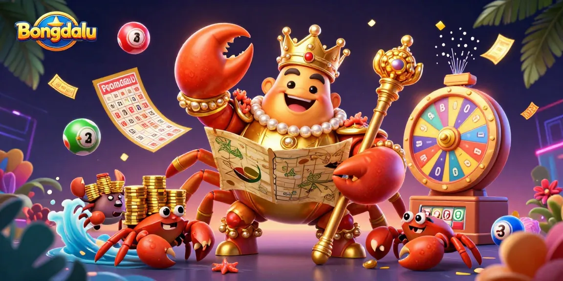 Bongdalu offers an exciting 3D illustration of a golden crab emperor leading a vibrant gambling scene filled with lottery elements.