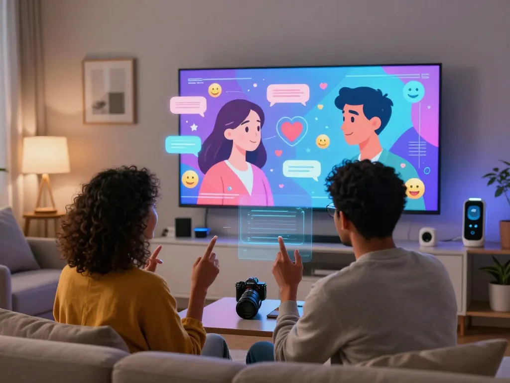 Diverse couple exploring AI sex relationship through holographic interface in a cozy digital space.