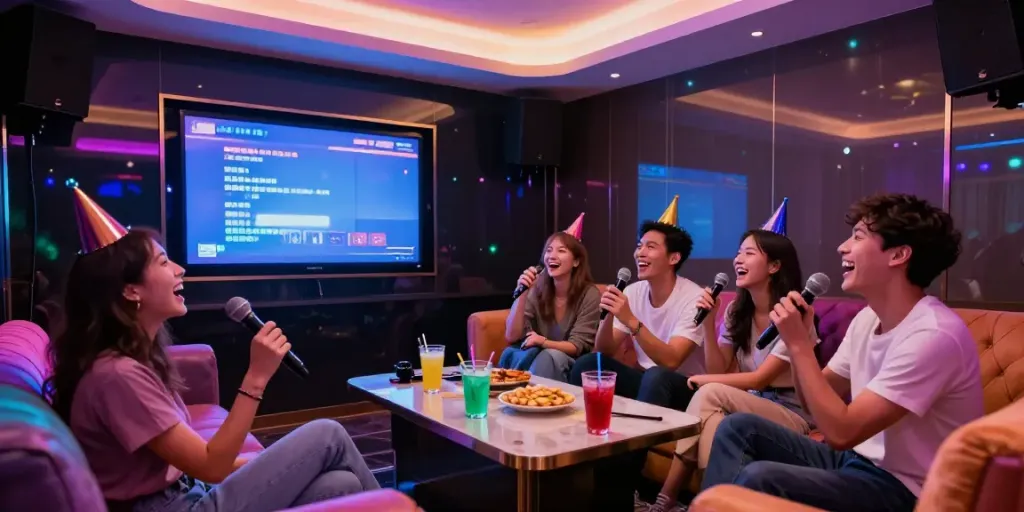 강남 달토의 프리미엄 가라오케 룸에서 친구들이 노래하며 즐거운 시간을 보내고 있는 모습