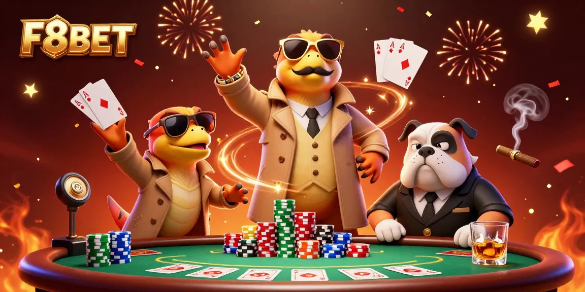 F8BET's vibrant casino scene with raptors in disguise, poker chips, and dynamic action elements.