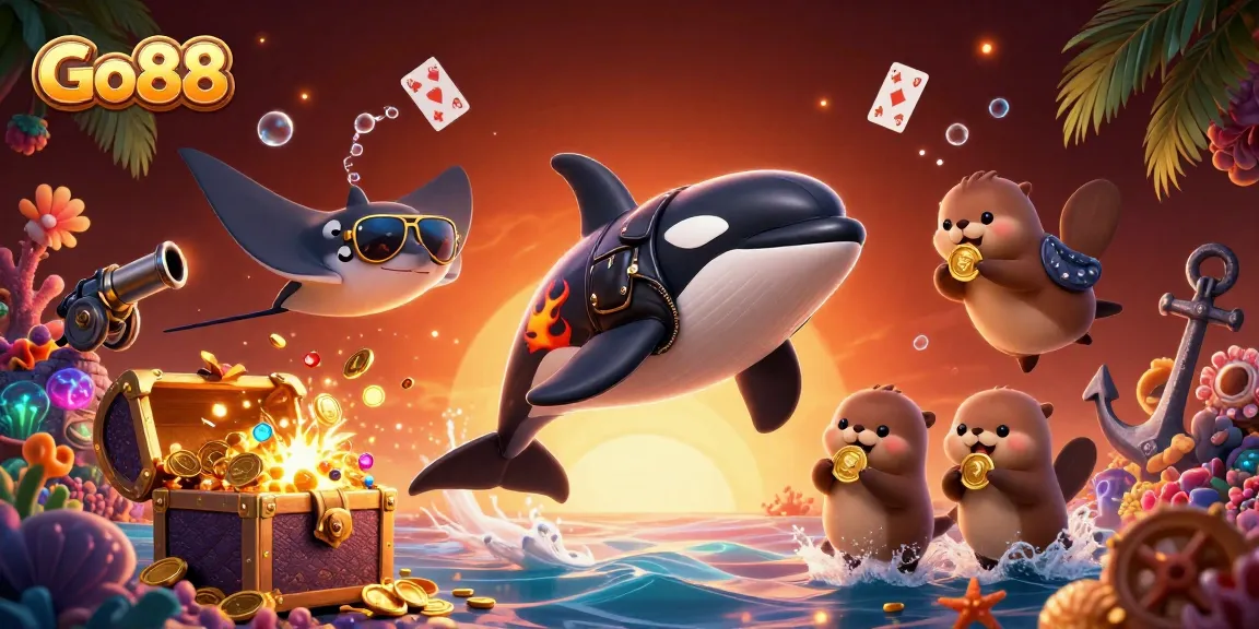 Experience thrilling wins at Go88 with vibrant sea creatures and golden treasures in a dynamic casino-themed scene.
