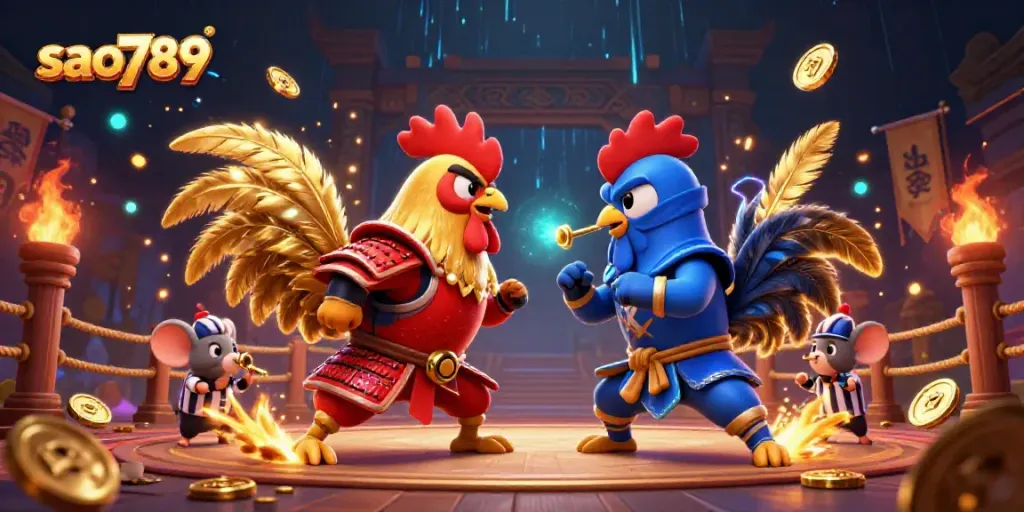 Witness an intense showdown with sao789’s skilled fighting roosters in a vibrant arena.