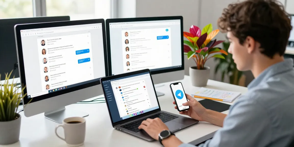 Young professional engaging with the Telegram web version on a modern workspace.