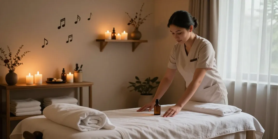 진주마사지 전문 테라피스트가 아로마오일과 청결한 리넨으로 마사지 테이블을 준비하는 평온한 마사지실.