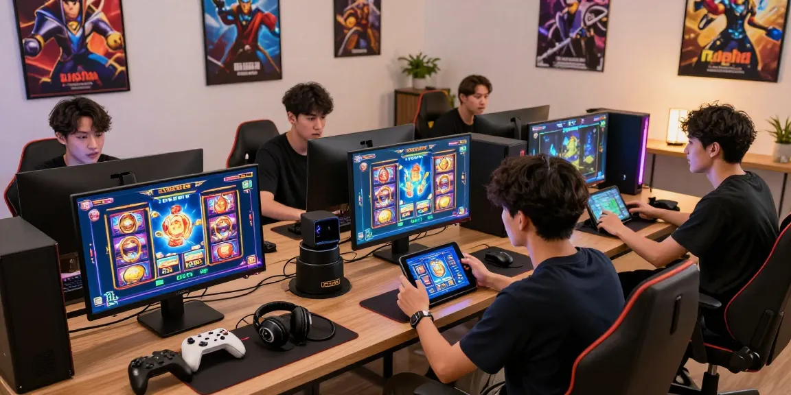 Engaged user playing rokok88 slot game on tablet in vibrant gaming room with friends.