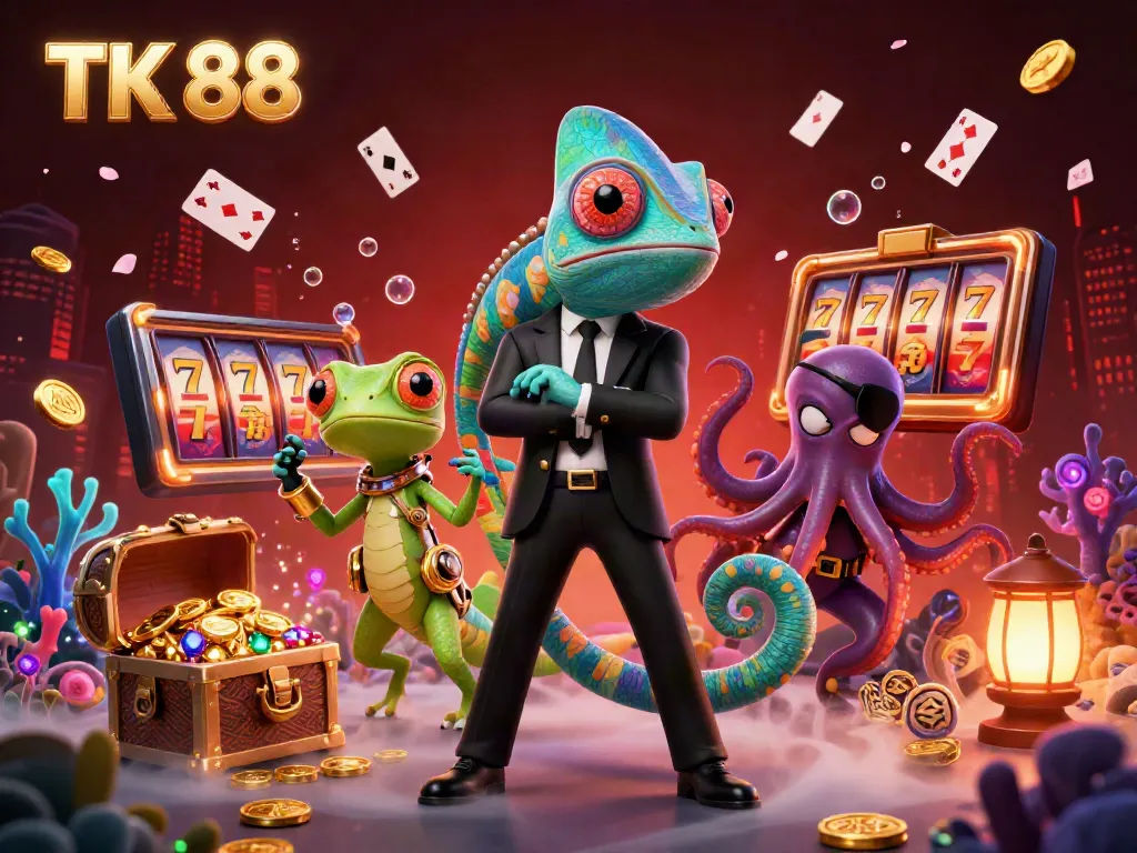 Casino scene featuring TK 88 where a secret agent chameleon and friends spin slots and chase jackpots.