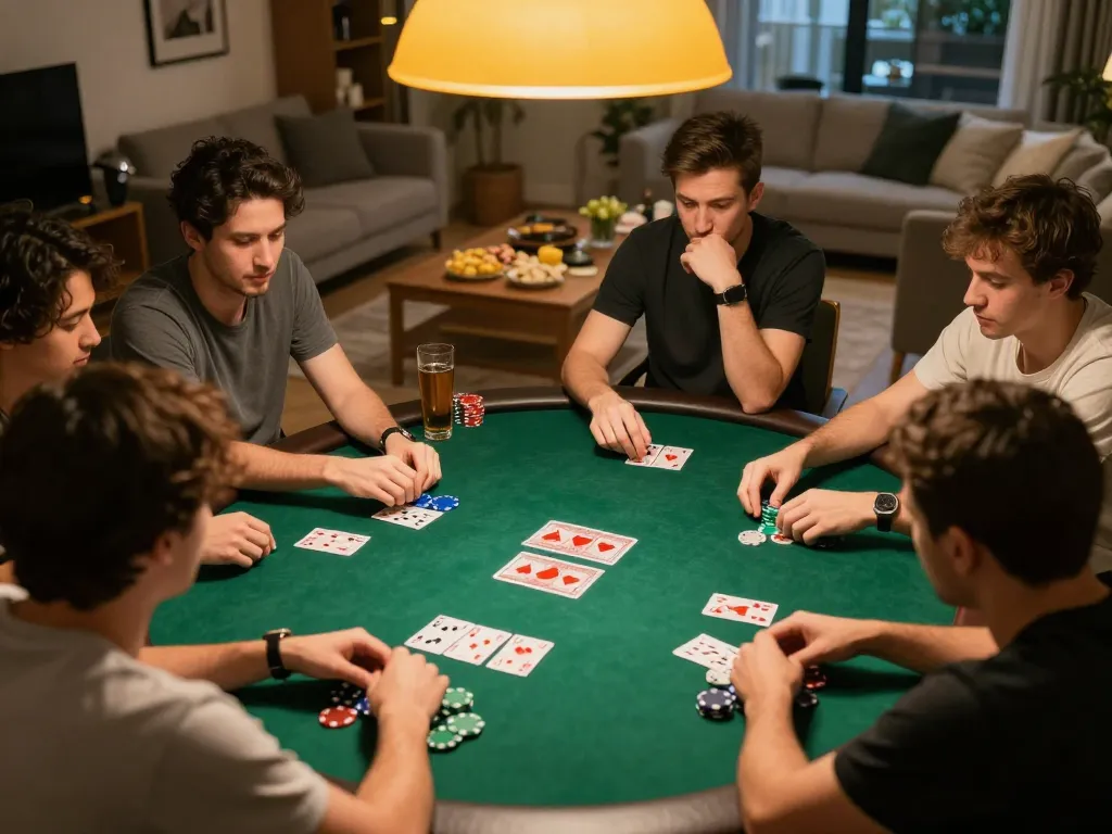 Players engaging in a strategic poker game at home, showcasing F168 in a friendly atmosphere