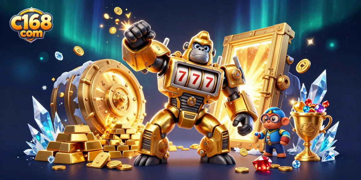 Experience excitement and wins at c168 com with a golden gorilla mech amidst treasure and slots.