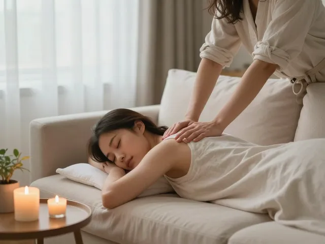 하남출장안마 받는 여성, 아늑한 공간에서 편안한 마사지로 힐링하는 모습