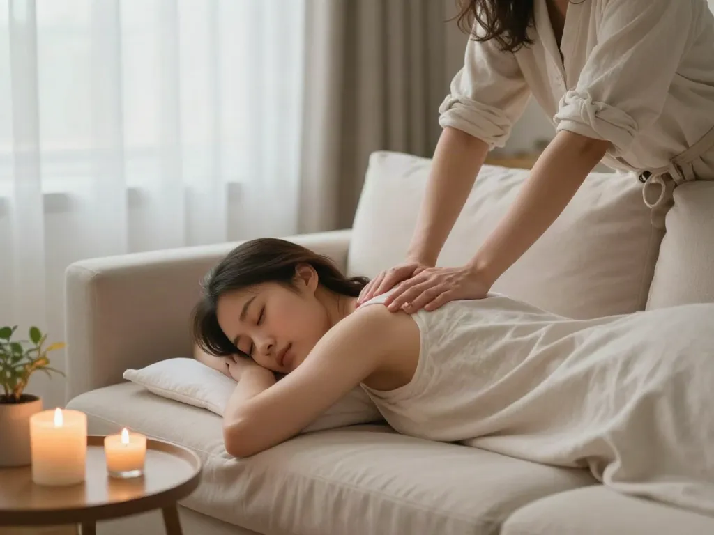 하남출장안마 받는 여성, 아늑한 공간에서 편안한 마사지로 힐링하는 모습
