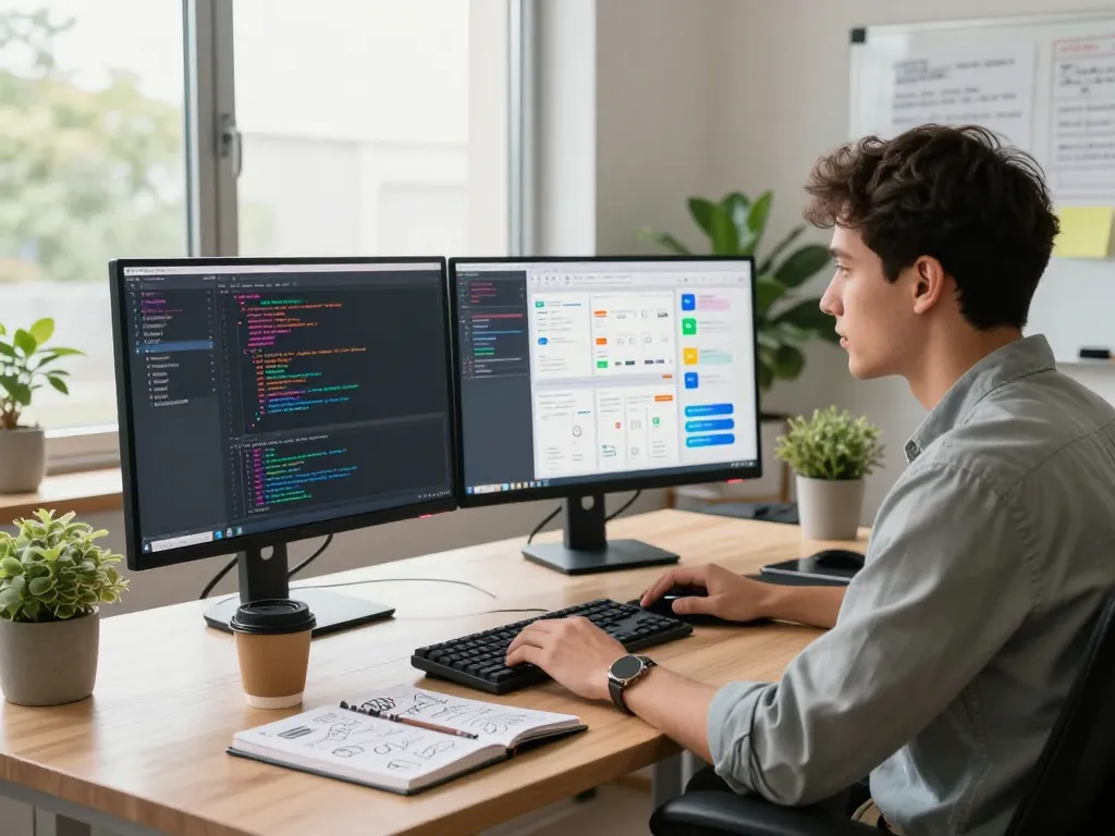 Developer using clawdbot ai in a modern workspace, showcasing dual monitors and collaborative tools.